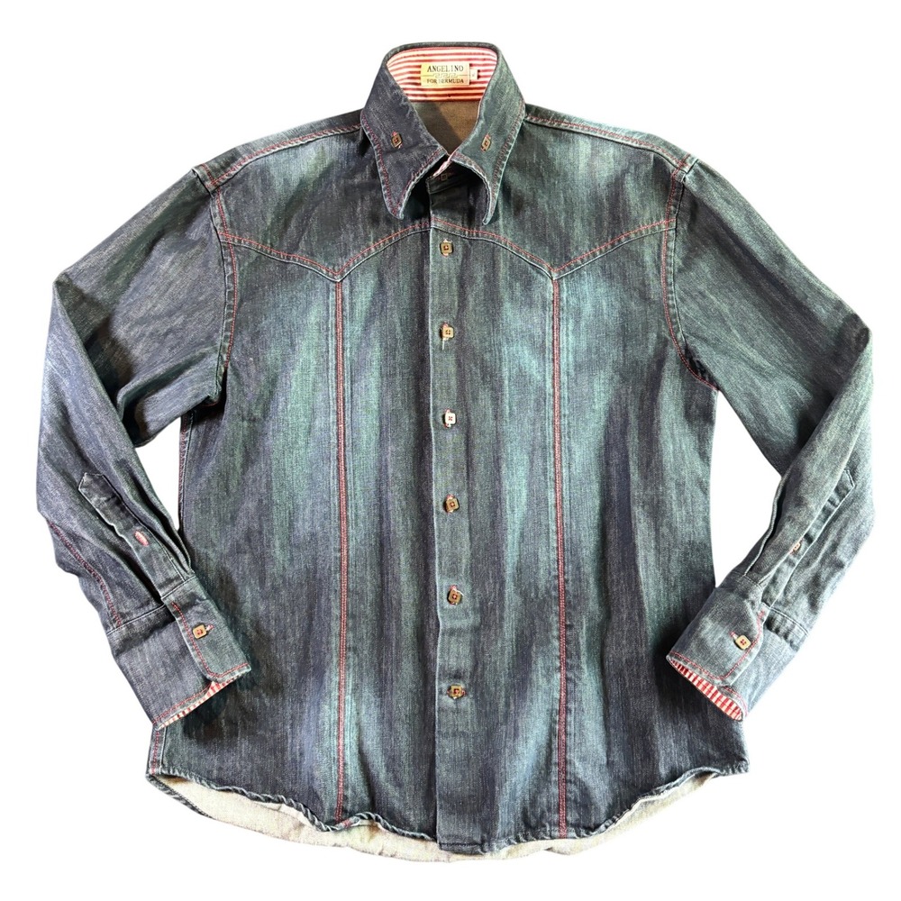 Angelino‎ For Bermuda Mens XL Western Denim Shirt Blue Red Contrast Stitching